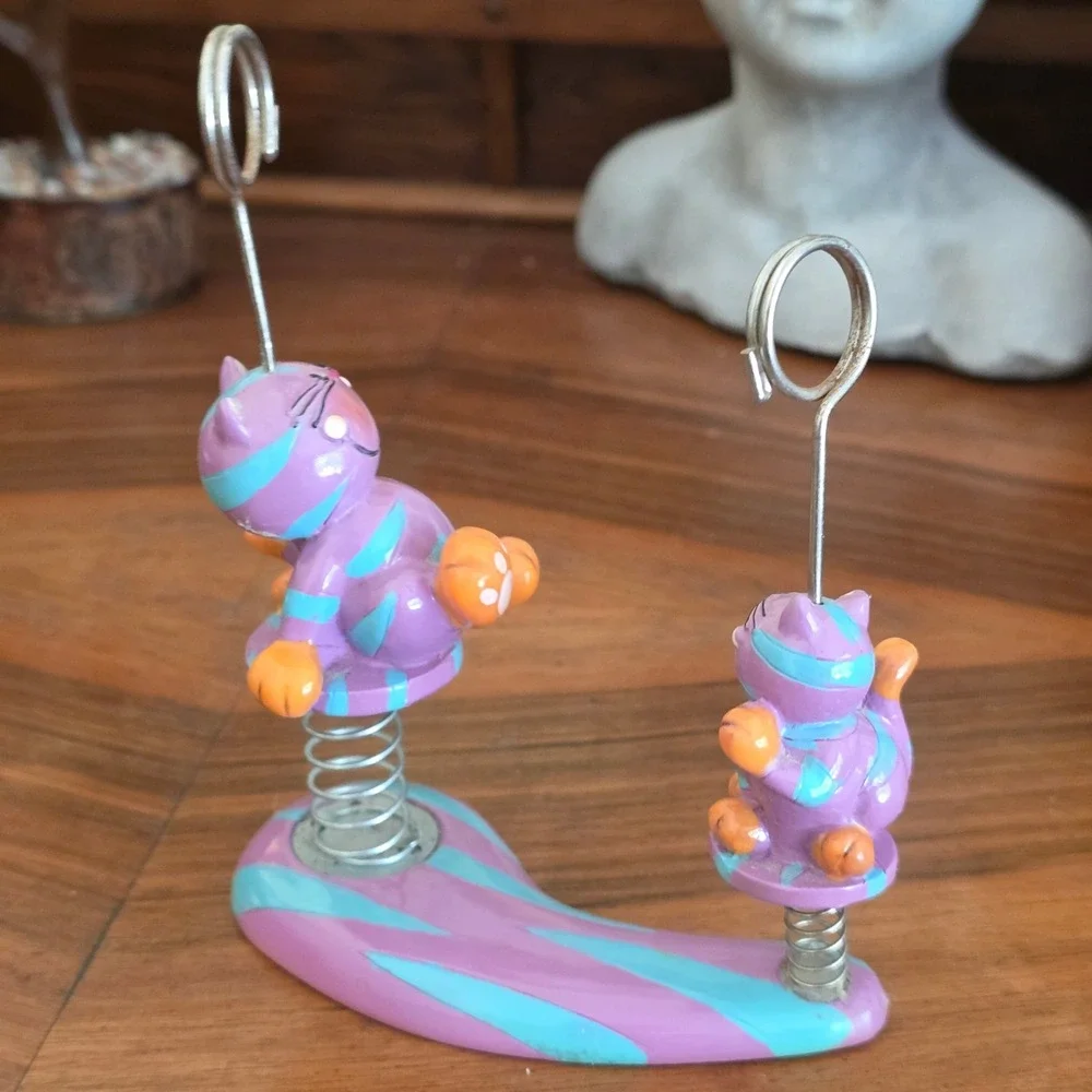 Blowfish Purple Striped Bobble Cat Double Photo Memo Clip Holder Desk Decor